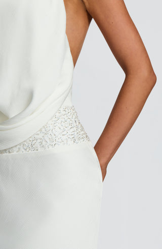 R.F Armelle Maxi Dress Textured Satin Embellished Waistband Ivory