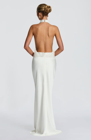 R.F Armelle Maxi Dress Textured Satin Embellished Waistband Ivory