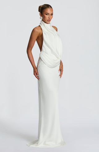 R.F Armelle Maxi Dress Textured Satin Embellished Waistband Ivory