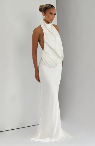 R.F Armelle Maxi Dress Textured Satin Embellished Waistband Ivory