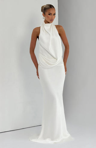 R.F Armelle Maxi Dress Textured Satin Embellished Waistband Ivory