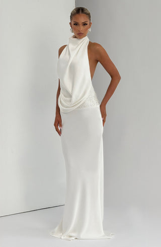 R.F Armelle Maxi Dress Textured Satin Embellished Waistband Ivory