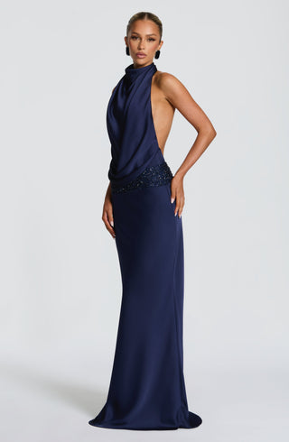 R.F Armelle Maxi Dress Textured Satin Embellished Waistband Navy