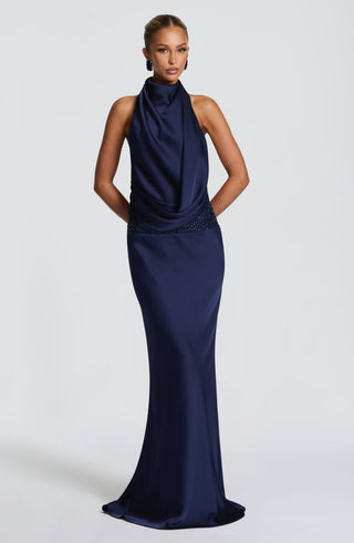 R.F Armelle Maxi Dress Textured Satin Embellished Waistband Navy