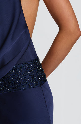 R.F Armelle Maxi Dress Textured Satin Embellished Waistband Navy