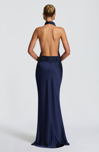 R.F Armelle Maxi Dress Textured Satin Embellished Waistband Navy