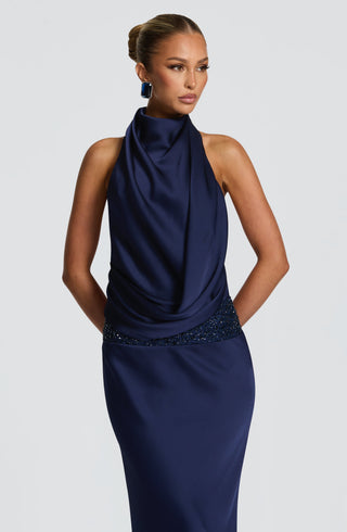 R.F Armelle Maxi Dress Textured Satin Embellished Waistband Navy