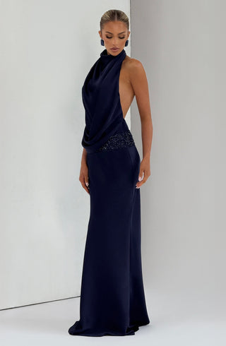 R.F Armelle Maxi Dress Textured Satin Embellished Waistband Navy