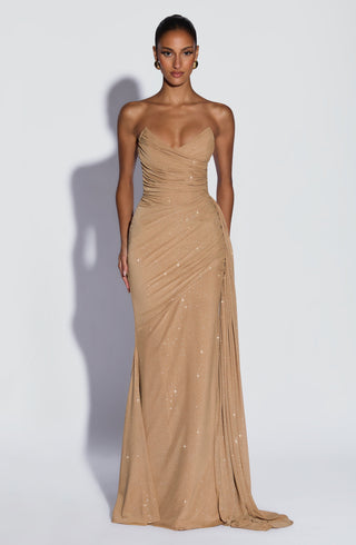 L.F Ashika Maxi Dress Mesh Glitter Gold Sparkle Strapless