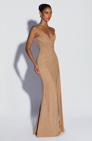 L.F Ashika Maxi Dress Mesh Glitter Gold Sparkle Strapless