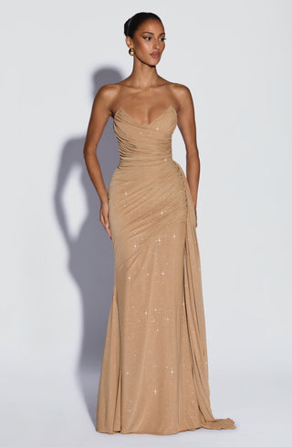 L.F Ashika Maxi Dress Mesh Glitter Gold Sparkle Strapless