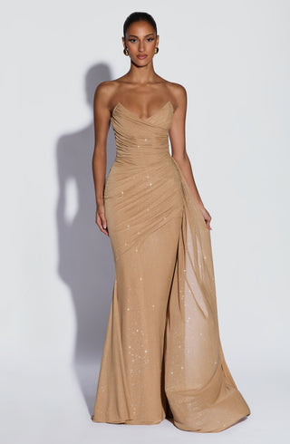 L.F Ashika Maxi Dress Mesh Glitter Gold Sparkle Strapless
