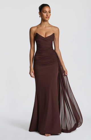 L.F Ashika Strapless Maxi Dress Plum Brown With Draped Panel