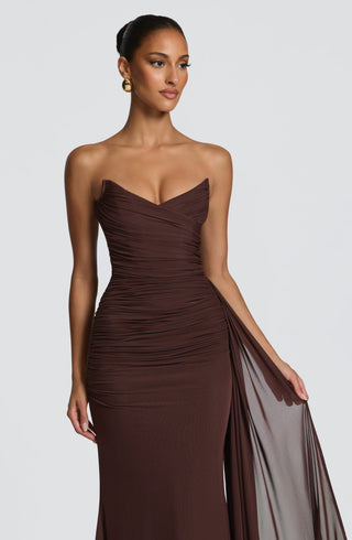 L.F Ashika Strapless Maxi Dress Plum Brown With Draped Panel