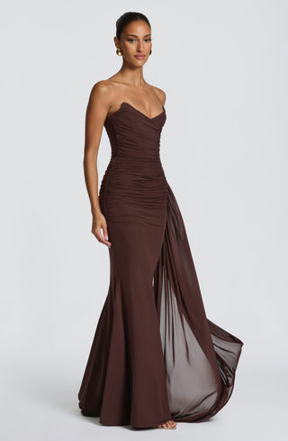 L.F Ashika Strapless Maxi Dress Plum Brown With Draped Panel