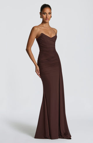 L.F Ashika Strapless Maxi Dress Plum Brown With Draped Panel