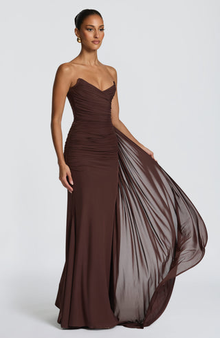 L.F Ashika Strapless Maxi Dress Plum Brown With Draped Panel