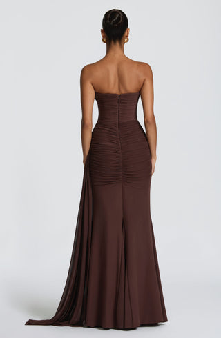 L.F Ashika Strapless Maxi Dress Plum Brown With Draped Panel