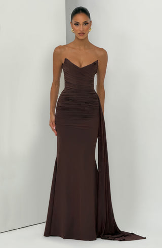 L.F Ashika Strapless Maxi Dress Plum Brown With Draped Panel