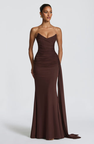 L.F Ashika Strapless Maxi Dress Plum Brown With Draped Panel