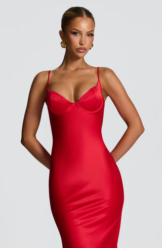 M.T Athena Maxi Dress Bias-Cut Stretch Satin, Red