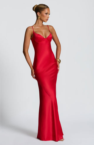 M.T Athena Maxi Dress Bias-Cut Stretch Satin, Red
