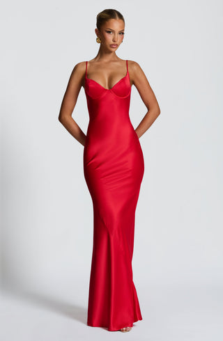 M.T Athena Maxi Dress Bias-Cut Stretch Satin, Red