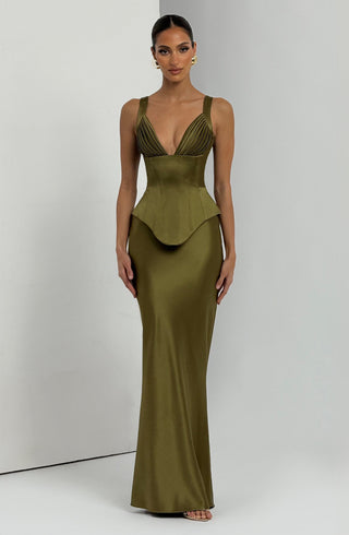 M.T Atlanta Maxi Skirt Satin Bias Cut Deep Olive