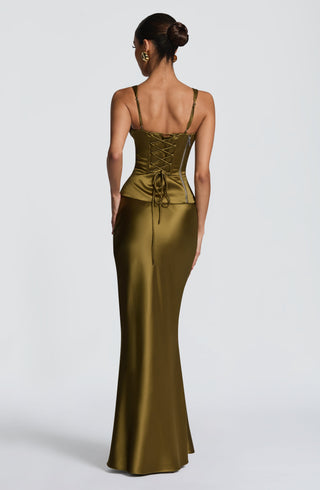 M.T Atlanta Maxi Skirt Satin Bias Cut Deep Olive