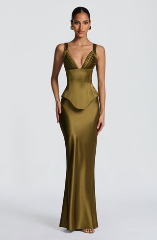 M.T Atlanta Maxi Skirt Satin Bias Cut Deep Olive