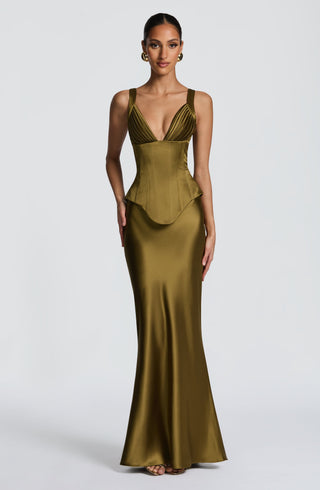M.T Atlanta Maxi Skirt Satin Bias Cut Deep Olive