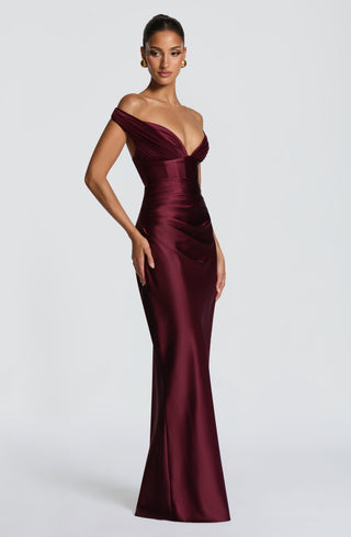 M.T Aurelia Maxi Dress Satin Cherry Lacquer Column Silhouette