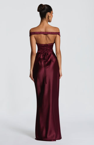 M.T Aurelia Maxi Dress Satin Cherry Lacquer Column Silhouette
