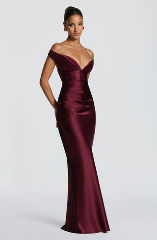 M.T Aurelia Maxi Dress Satin Cherry Lacquer Column Silhouette