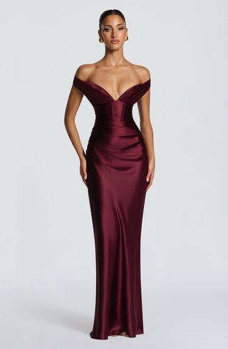 M.T Aurelia Maxi Dress Satin Cherry Lacquer Column Silhouette