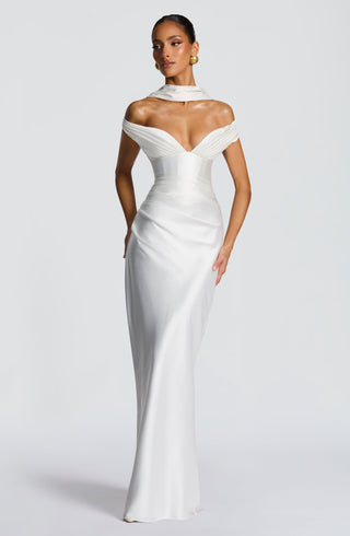 M.T Aurelia Maxi Dress Satin Corset Column Ivory