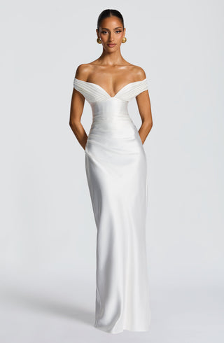 M.T Aurelia Maxi Dress Satin Corset Column Ivory