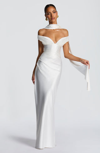 M.T Aurelia Maxi Dress Satin Corset Column Ivory