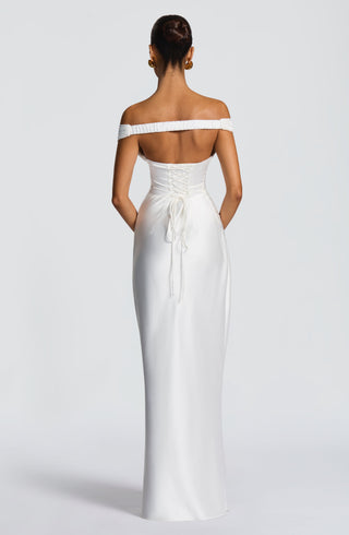M.T Aurelia Maxi Dress Satin Corset Column Ivory