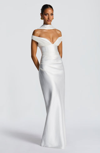M.T Aurelia Maxi Dress Satin Corset Column Ivory