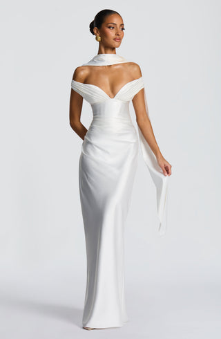 M.T Aurelia Maxi Dress Satin Corset Column Ivory