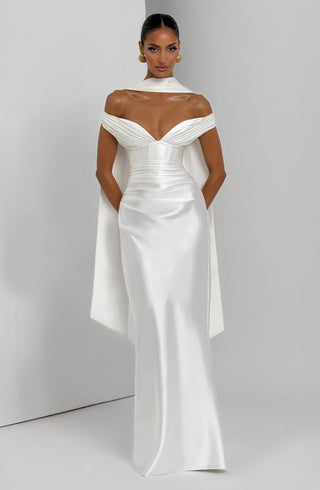 M.T Aurelia Maxi Dress Satin Corset Column Ivory