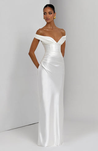 M.T Aurelia Maxi Dress Satin Corset Column Ivory