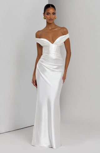 M.T Aurelia Maxi Dress Satin Corset Column Ivory