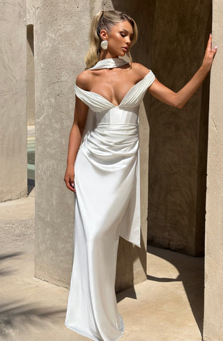 M.T Aurelia Maxi Dress Satin Corset Column Ivory