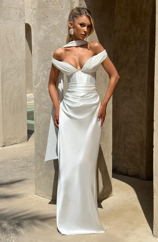 M.T Aurelia Maxi Dress Satin Corset Column Ivory