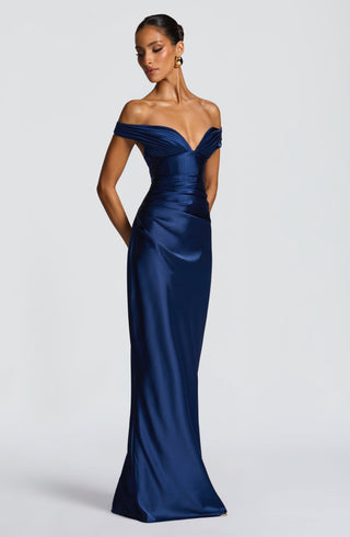 M.T Aurelia Maxi Dress Satin Plunge Bardot Navy
