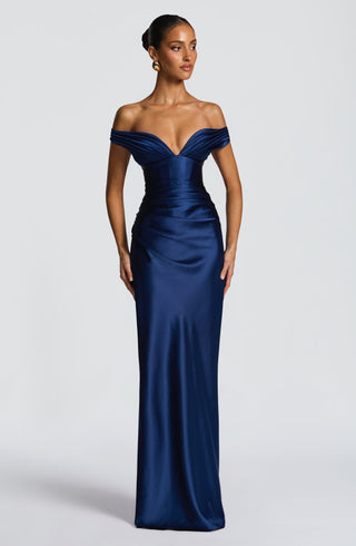 M.T Aurelia Maxi Dress Satin Plunge Bardot Navy