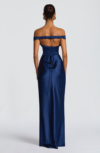 M.T Aurelia Maxi Dress Satin Plunge Bardot Navy