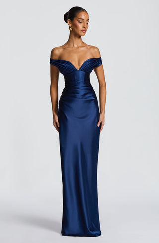 M.T Aurelia Maxi Dress Satin Plunge Bardot Navy